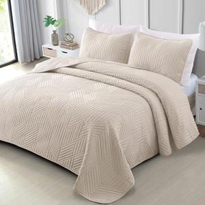 Ultrasonic Full Queen Quilt Bedding Set, Lightweight Brich Beige Bedspreads Soft Modern Geometric Coverlet Set for All Seasons
