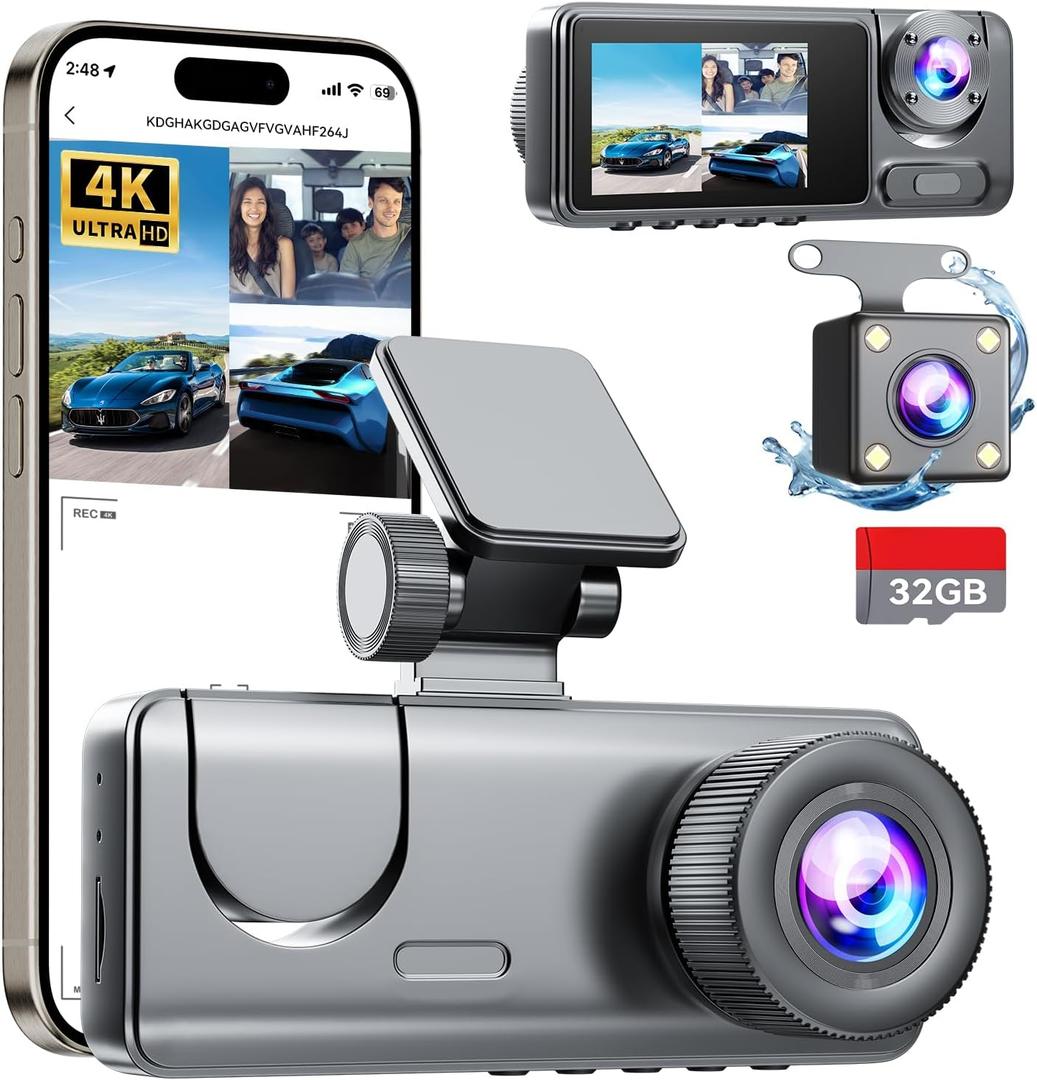 3 Channel Dash Cam Front and Rear Inside, Bulit a 32GB Card, Dash Camera for Cars,4K Full HD 2.0'' IPS Screen Dashcam with G-Sensor, IR Night Vision, WDR, Loop Recording, 24H Parking Mode
