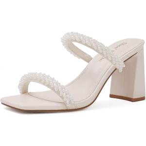 Shoe'N Tale Pearl Strappy Heels for Women Two Band Chunky Block Heeled Sandals Square Open Toe Backless Mules Slip On Pumps Dressy Shoes (8)