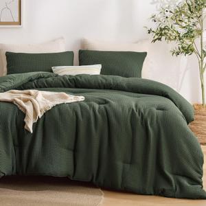 Bedsure Oliver Green Queen Bedding Comforter Set, Waffle Breathable Bedding Set, All Season Comforter with 3 Pieces, 1 Waffle Weave Comforter (90"x90") and 2 Pillowcases (20"x26")
