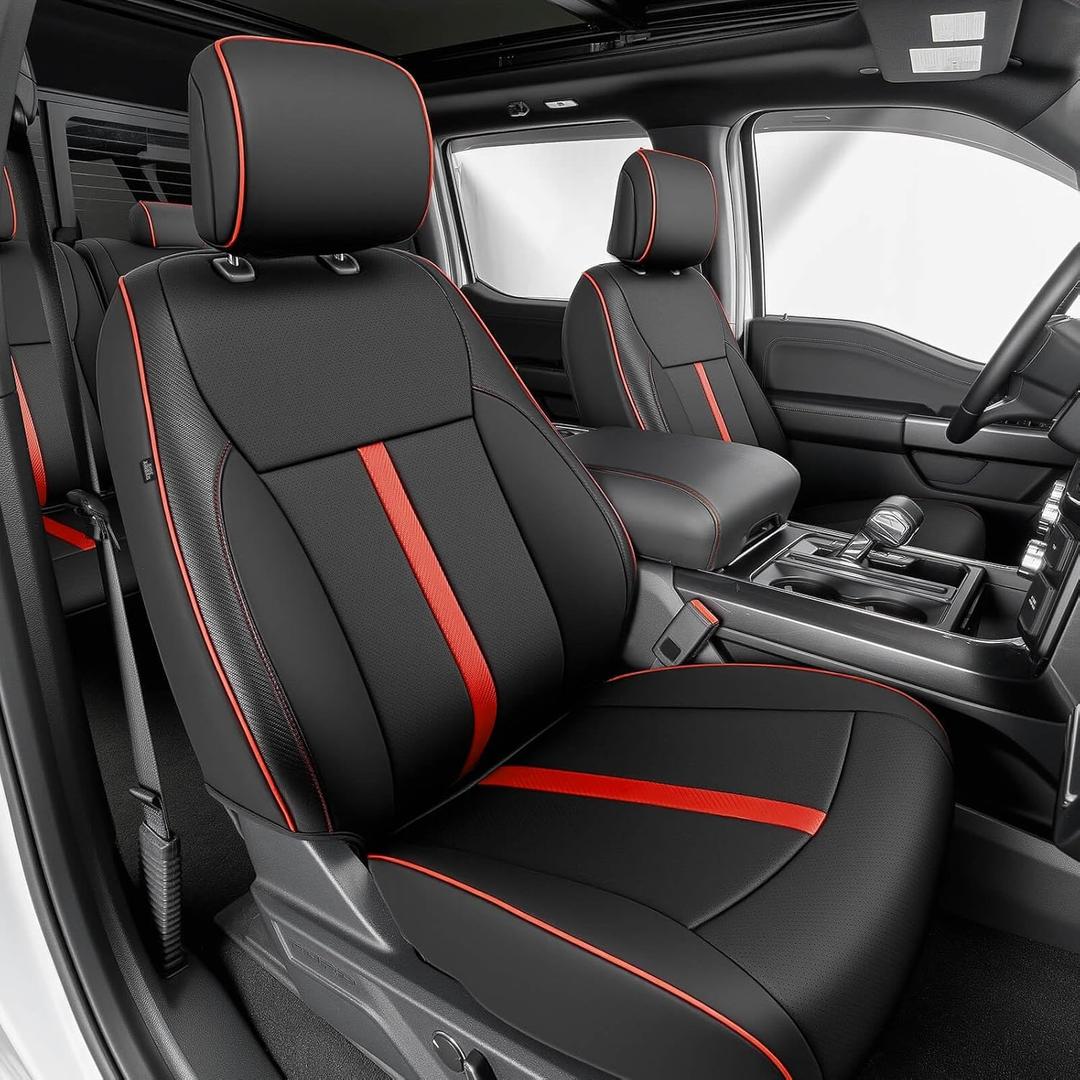 DiffCar Seat Covers for Ford F150: 2015-2026 SuperCrew/Crew Cab, Full Set Faux Nappa Leather Truck Seat Covers for F-150 XL XLT, Custom Fit Car Accessories Pickup Seat Protectors for F 150, Black/Red