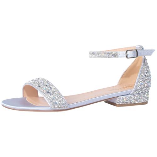 SheSole Women's Rhinestone Low Block Heel Sandals Sparkly Ankle Strap Sandal Bridal Wedding Dress Shoes Silver , US Size 8