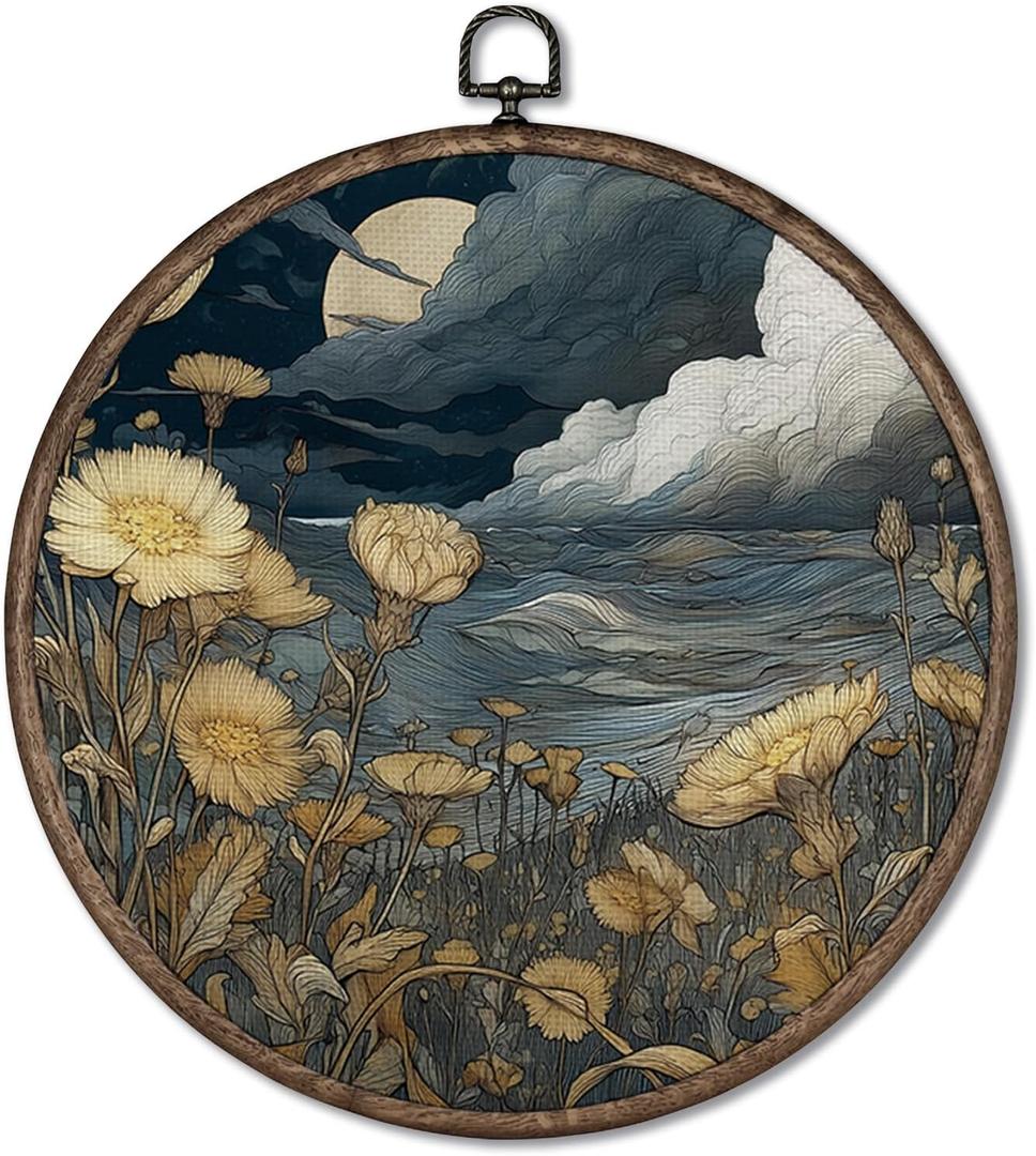 Giosve Vintage Floral Round Wall Art Canvas Framed Poster, Retro Moon Cloud Cottagecore Wildflower Botanical Hanging Wall Sculptures for Home Bedroom Living Room Decor, 10x10 Inch