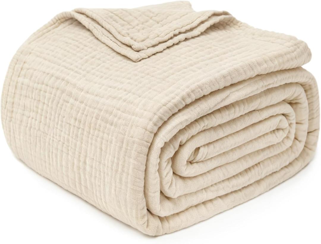 Joydeco 100% Cotton Muslin Throw Blanket for Couch Bed and Sofa, 4-Layer Lightweight and Breathable Soft Gauze Blanket for All Season, Luxury Throws Cotton Blanket Gift(Light Tan, 50"x70")