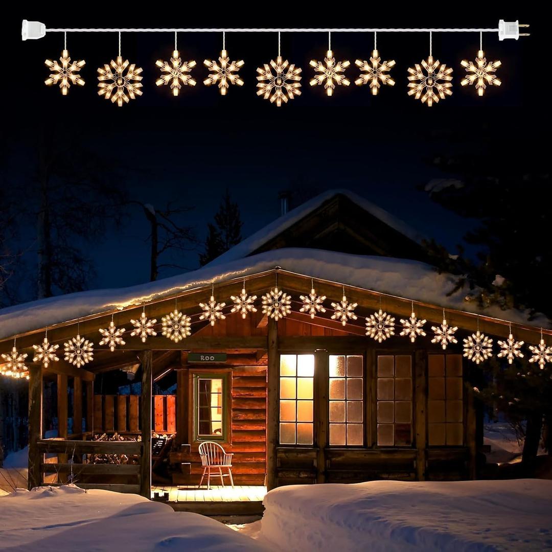 Snowflake Christmas String Lights with 9 Drops - 13ft 150 Mini Bulb Icicle Lights with Clips, Plug-in Connectable Hanging Lights for Front Porch House Tree Pation Decor Holiday Dcor