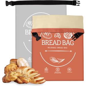 Bread Bags for Homemade, Beeswax Reusable Bread Bag for Sourdough 2-Pack, XL-Reusable Waxed Food Storage Bag to Keep Sourdough Fresh, Freezer-Safe, Eco-Friendly (Orange&Grey)