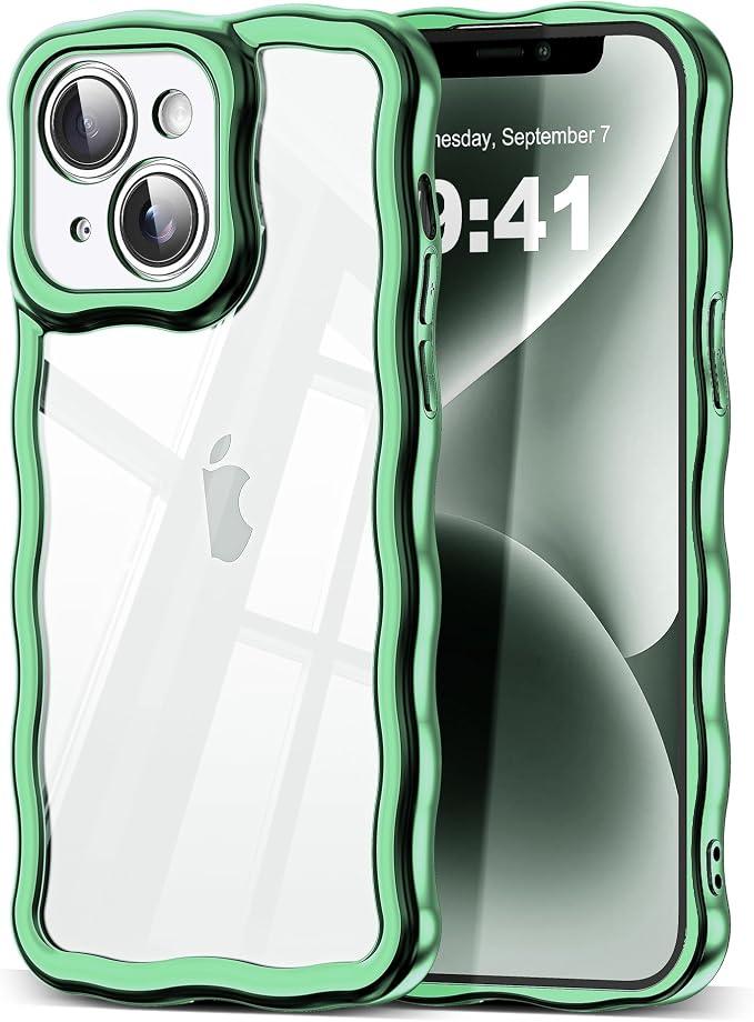 SKYLMW Compatible with iPhone 15 Case, Kawaii Cute Curly Wave Frame Luxury Plating Edge, Stylish Glossy Clear Back, Soft TPU Shockproof Protective Cases for iPhone 15, Green