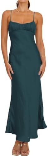 Satin Spaghetti Strap Backless Ruched Twist Cocktail Dresses for Women Silk Open Back Cut Out Midi Dress Wedding Guest Size M