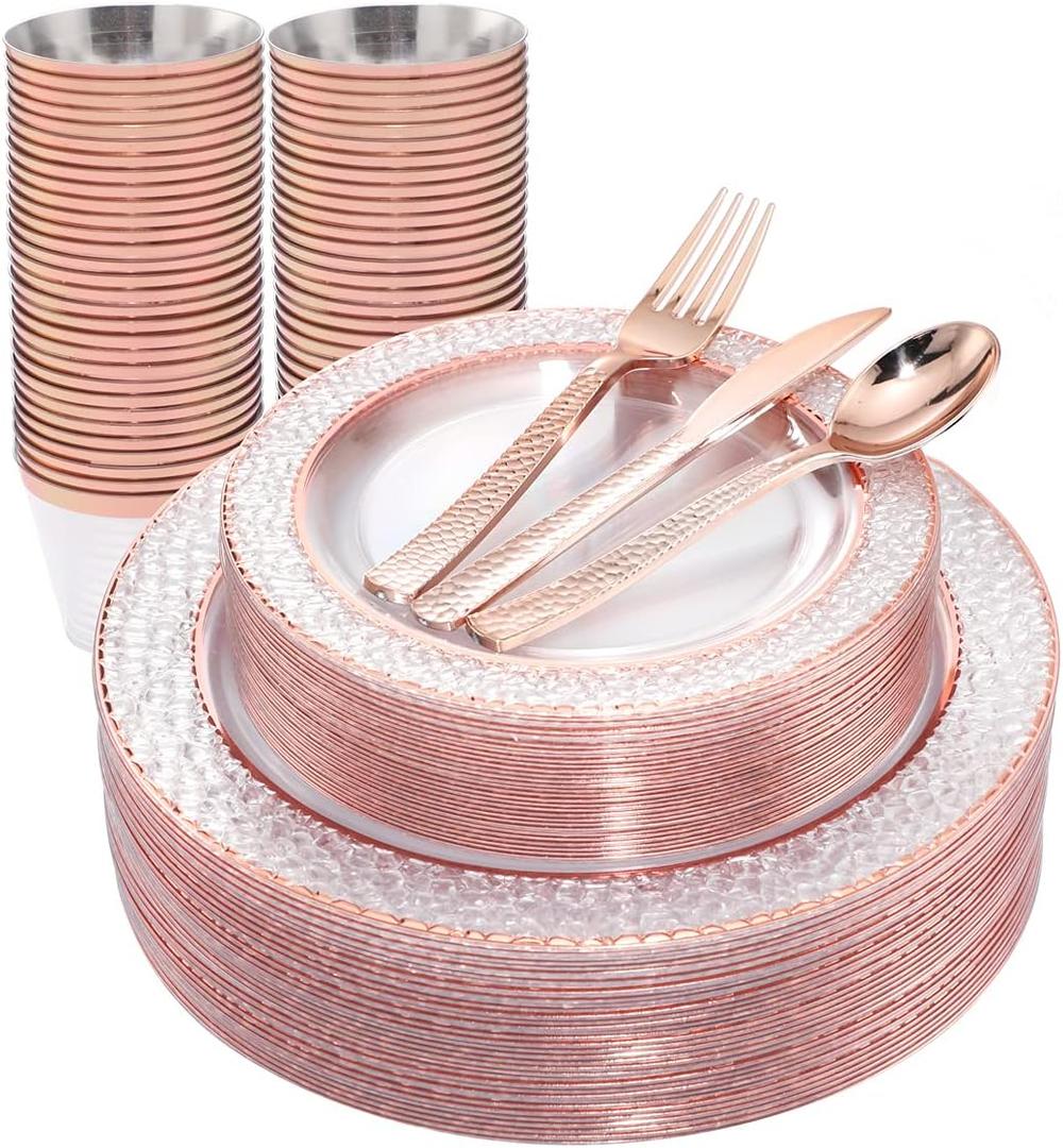Ciaell 150PCS Rose Gold Plastic Plates  Disposable Plates with Rose Gold Plastic Silverware include 50Plates, 25Forks, 25Knives, 25Spoons, 25Cups for Wedding & Party