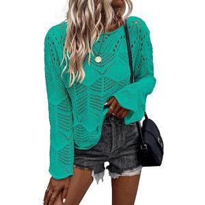 Allimy Womens Fall 2024 Long Sleeve Hollow Out Crochet Crewneck Pointelle Knitted Top Blouses Pullovers Outerwear Green XL