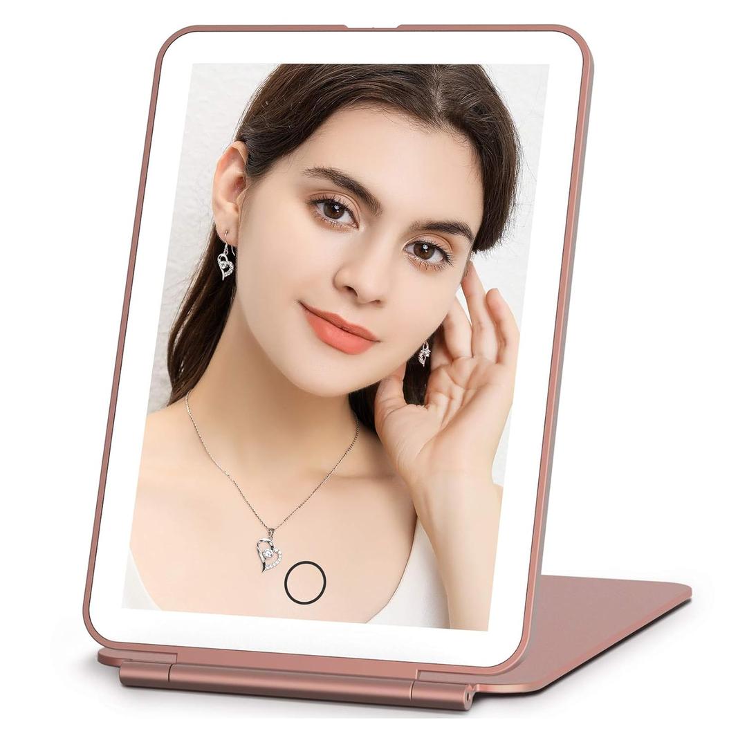 FUNTOUCH Rechargeable Travel Makeup Mirror with 72 Led Lights, Portable Lighted Beauty Mirror, 3 Color Lighting, Dimmable Touch Screen, Tabletop LED Folding Cosmetic Vanity Mirror (Rose Gold)