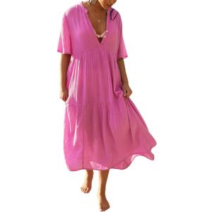 R.Vivimos Womens Summer Cotton Flowy Maxi Dress Short Sleeve V Neck Empire Waist Boho Tiered Ruffle Casual Loose Long Dresses (XL, Pink)