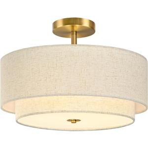 Bagood 3 Light Semi Flush Mount Ceiling Light Fixture 16 Inch Modern Gold Drum Ceiling Light Fixture with 2-Layer Fabric Shade Dimmable Close to Ceiling Light for Living Room Hallway Bedroom Entryway