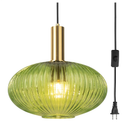 Pobllem 11.8" Large Globe Hanging Pendant Light with Plug in Cord, Green Glass Hanging Light Plug in, Mid Century Hanging Ceiling Light Plug in Chandelier Lighting for Kitchen Dining Room Bedroom
