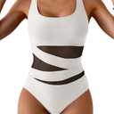 B2prity Women's Mesh One Piece Swimsuit Tummy Control Sexy Bathing Suit Push Up Swim Suit Slimming Swimwear White and Black L