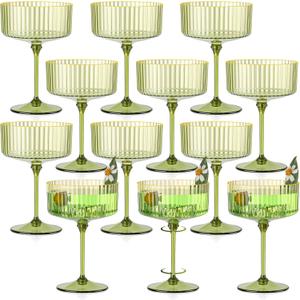 12 PCS Gold Rim Plastic Champagne Coupe Cup Sage Green Ribbed Coupe Glasses 10oz Detachable Espresso Martini Glass Vintage Margarita Glassware Cocktail Glass Set for Baby Shower Christmas Wedding
