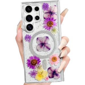 Loheckle for Samsung Galaxy S24 Ultra Case for Women - Compatible with MagSafe Girls Cute Glitter Flower Floral Girly Aesthetic Sparkle Unique Handmade Phone Cover for Galaxy S24 Ultra 6.8",Purple