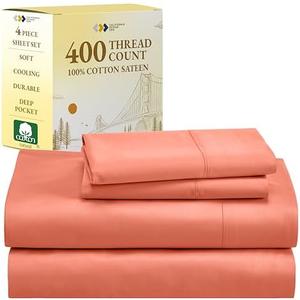 California Design Den Luxury Sheets King Size Set, 400 Thread Count 100% Cotton Sateen, Soft & Breathable, Cooling Sheets, Deep Pocket Bed Sheets (Bright Salmon)