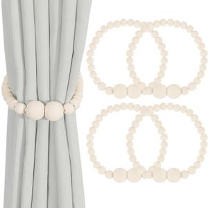 KLOGTSIND Magnetic Curtain Tiebacks, 4 Pack Curtain Holdbacks for Draperies, Wood Bead Curtain Tiebacks, Elegant Curtain Tie Backs for Bedroom Decor, Boho Room Decor, Nursery Decor, Farmhouse Decor