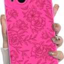 MZELQ for iPhone 15 Case, Silicone Floral Flower Rose Cute Pattern, Camera Protection Soft Slim Phone Case for Girls Women -Hot Pink