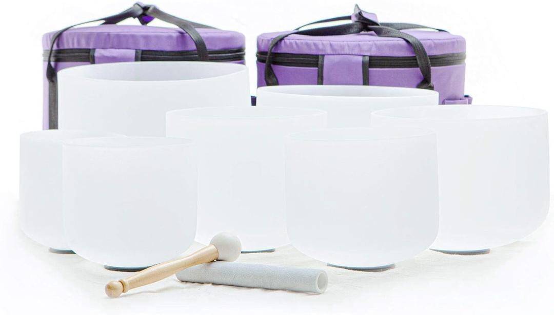Leize 6-12 inch Chakra Tuned 432hz Set of 7 Flawless Quartz Crystal Singing Bowls with Heavy Duty Carrying Cases and Singing Bowl Mallet Suede Strikers (Set of 7 size, 6-12", A-G Note 432 hz, white set (flawless))