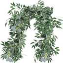 Fake Greenery Garlands Artificial Silver Dollar Eucalyptus Garland in Grey Green and Willow Twigs Garland Intertwined Together for Rustic Wedding Arch Swag Doorways Table Runner Decoration