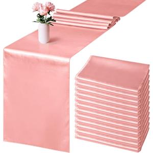 Aneco 12 Pack Satin Table Runner 12 x 108 Inch Rose Gold Long Wedding Satin Silk Table Runner for Wedding Banquet Graduations Birthday Party Decoration