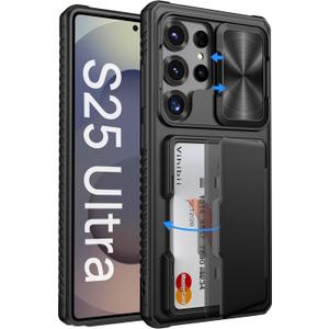 Vihibii for Samsung Galaxy S25 Ultra Case with Card Holder (4 Cards), [RFID Blocking] & Slide Camera Cover & Military Grade Drop Protection, Heavy Duty Wallet Cover for Samsung Galaxy S25 Ultra, Black | with Card Holder, 4 Cards, RFID Blocking, Slide Camera Cover