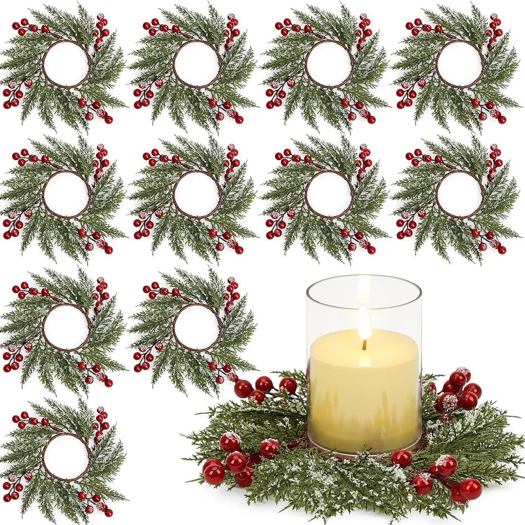 Scawim 12 Pcs Candle Rings, 3.7 Inch Artificial Candle Rings Wreath Cedar Berries Snowy Pine Needles, Candles Rings Holder for Table Centerpiece Spring Home Party Kitchen Window