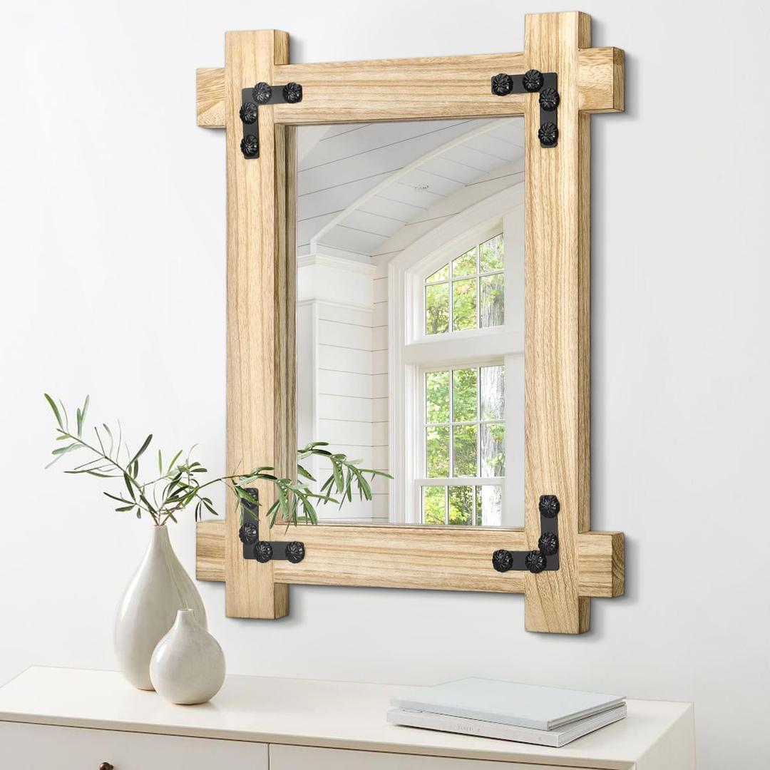 Rectangle Hanging Wall Mirror Farmhouse Wood Mirror with Frame Rustic Mirror for Wall Decorative for Bathroom Living Room Vanity Bedroom Vintage Wall Decor White Large 26"x18" (Natural)