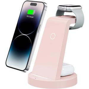 Anlmz 3 in 1 Charging Station for iPhone, Wireless Charger for iPhone 17 16e 16 15 14 13 12 11 X Pro Max & Apple Watch - Charging Stand Dock for AirPods (Pink)
