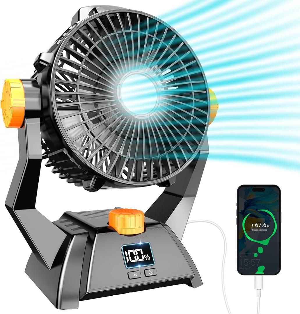Battery Powered Portable Camping Fan - Rechargeable 20000mAh with LED Light and Hook for Tent, Quiet Desk Fan for RV Travel, Beach, Fishing, Hurricane Protection