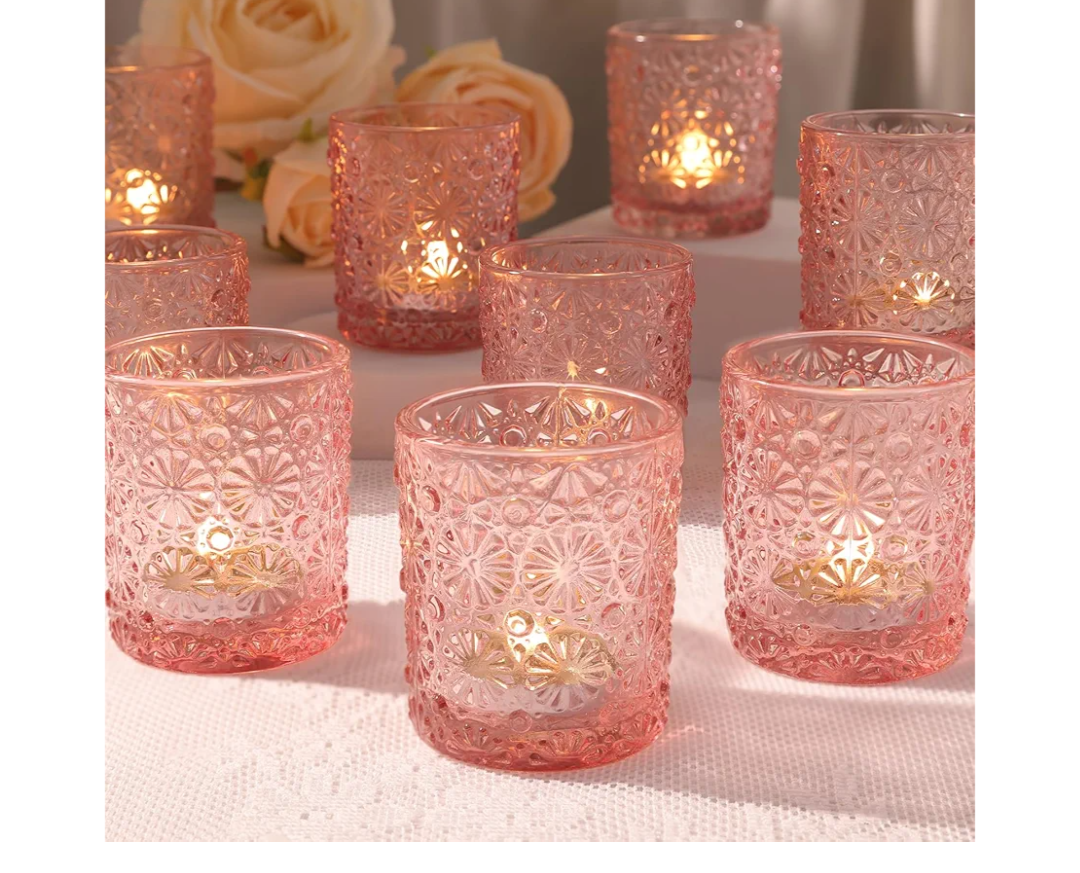Pink Votive Candle Holder Set of 12, Flower Tea Lights Candles Holders for Wedding Table Centerpieces, Birthday Parties, Anniversary, Pink Bridal Shower and Holiday Decorations