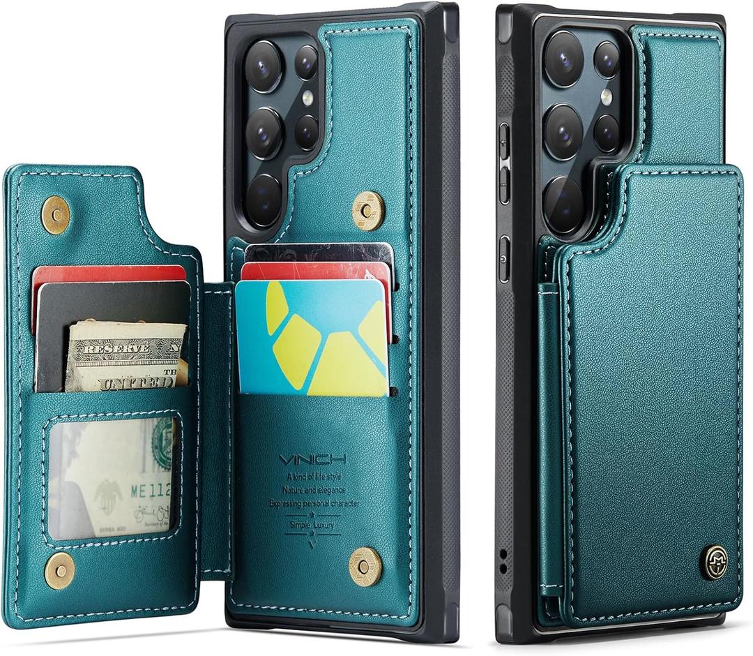 Vinich for Samsung Galaxy S22 Ultra Wallet Case with Card Holder, RFID Blocking Credit Slots Kickstand Shockproof Phone Cover Fit for Galaxy S22 Ultra 6.8" Bluish Green