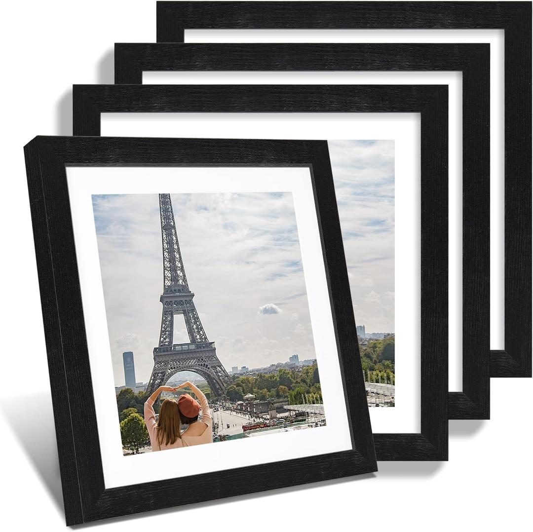 12x12 Picture Frame Set of 4 - Made of Glass and Rustic Black Wooden Frame, Display Square Pictures 10x10 with Mat or 12 x 12 without Mat, Desktop & Wall Collage Photo Frame