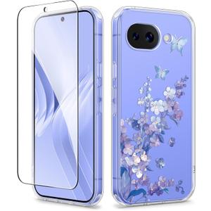 GVIEWIN for Google Pixel 10a Case with Screen Protector, [Military Grade Drop Protection] Non Yellowing Clear Floral Slim Phone Cover for Women 2026 6.3"(Syringa/Purple)