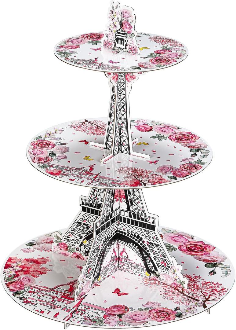 Honeydak 3 Tier Paris Party Cupcake Stand Decorations Pink Paris Theme Cupcake Holder Decorations Eiffel Tower Dessert Tower for Kids European City Landscape Pink Theme Party Birthday Supplies