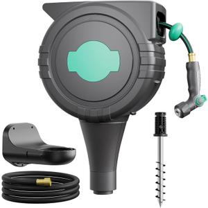 Automatic Retractable Garden Hose Reel 1/2" x 82 ft 180 Wall Mounted Hose Reel & 360 Swivel Ground Mounted on Metal Spike, Any Length Lock Hose Reel with 4 Modes Nozzle, Slow Return, UV Resistant
