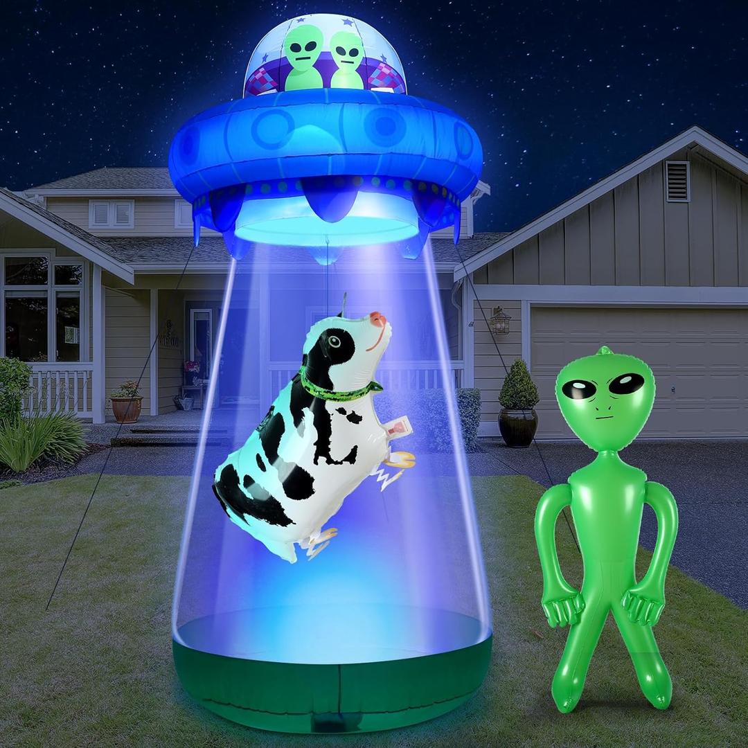 9 FT Halloween UFO Cow Alien Inflatable Yard Decor with LED Blow Up Inflatable Alien and Cow for Halloween Outdoor Yard Garden Lawn Decoration