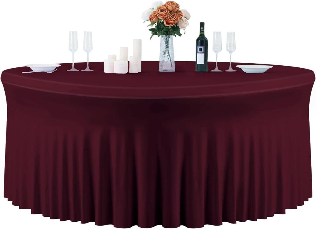 Burgundy Table Cloth for 5FT Round Tables, Fitted Spandex 120 inch Round Tablecloth, Wrinkle Free Table Skirt for Receptions Birthday Photography Party Social Events Engagement Party Decoration