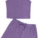 Girl's 2 Piece Outfits Waffle Knit Scoop Neck Button Down Crop Tank Tops Paperbag Waist Track Shorts (10-11 Years, Purple)
