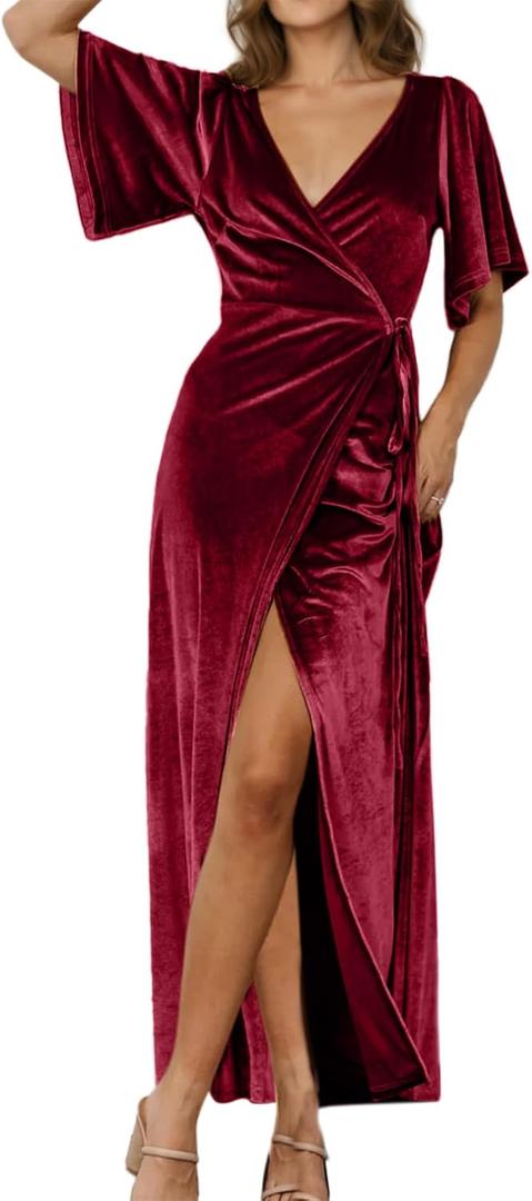 BerryGo Women's Velvet Holiday Fall Formal Dress Bridesmaid Wrap Cocktail Party Long Dresses for Wedding Guest Red XL