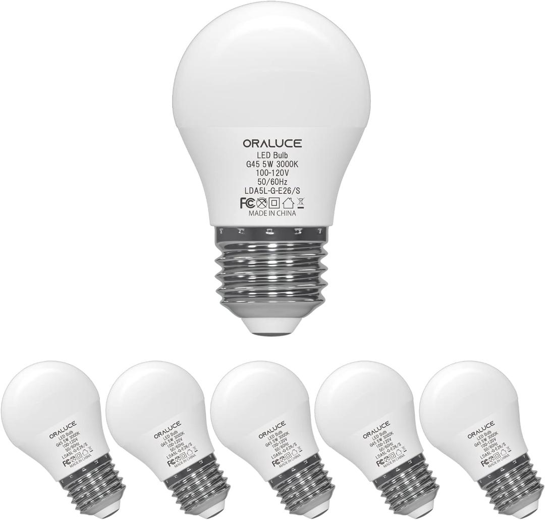 ORALUCE A15 LED Bulb 5 Watts Warm White 3000K,40W Equivalent Table Lamp Bulb, E26 Standard Screw Base G45 Shape Small Light Bulbs for House Lighting,450 Lumen,Non-Dimmable,6 Pack