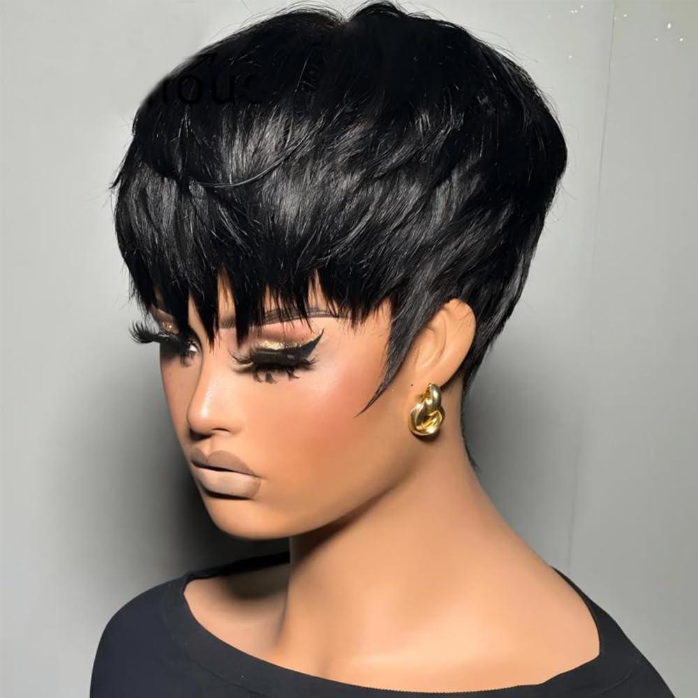 Short Pixie Cut Wig for Black Women Human Hair Bob Wig Layered None Lace Front Glueless Full Machine Made Wig with Bangs 150% Density