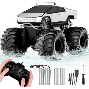 Remote Control Car, 1:18 Amphibious RC Cars, 4WD All Terrain Off-Road Pickup, 2.4GHz Waterproof Cyber Truck, 360 Rotatable Monster Truck Toys for Boys Christmas Birthday Gifts Age 6 7 8 9 10-13+ (Silver)
