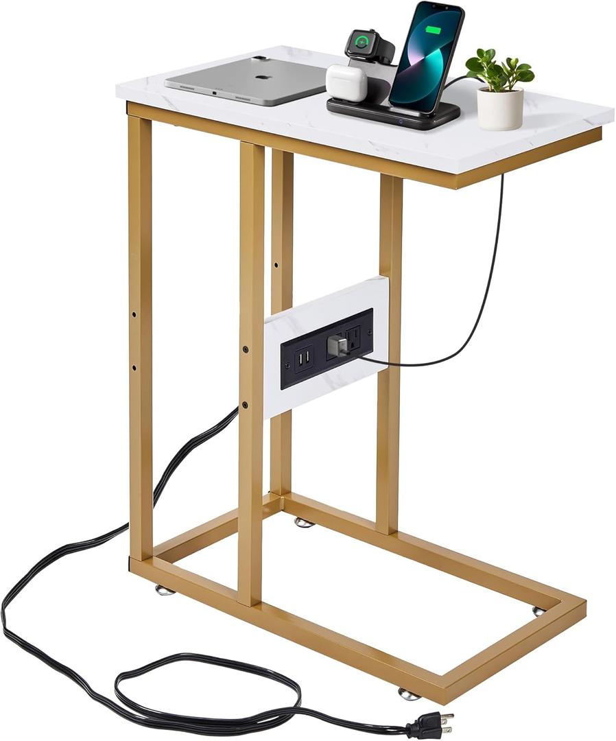 VECELO C-Shaped End Side Table with Charging Station & 2 USB Ports and Outlets for Living Room, Bedroom, with Adjustable Feet for Couch Sofa, Bedside, Small Spaces， Gold