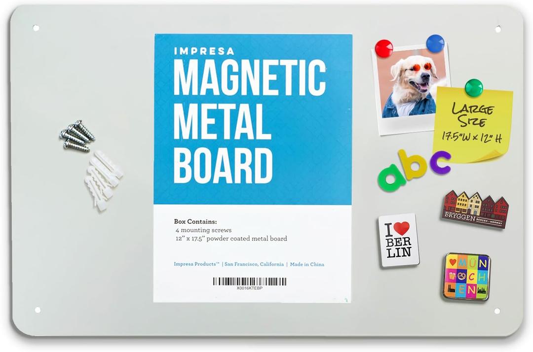 Impresa Display Magnetic Board for Wall - Metal Memo Board for Office, Home, Kitchen, and Classrooms - Great for Hanging Photos, Shopping Lists, and More - Includes Pre-Drilled Holes (17.5 x 12 in)