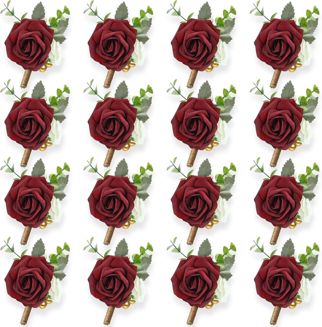 MTLEE 15 Pcs Burgundy Boutonniere for Men Rose Wedding Boutonniere with Pin Groom Groomsmen Buttonholes Man Suit Corsage for Vintage Wedding Ceremony Anniversary Dinner