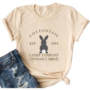 Ykomow Happy Easter Shirts for Women Hangin with My Peeps T Shirt Cute Easter Bunny Outfit Tees (L, Beige)
