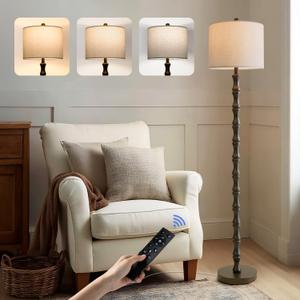 BOBOMOMO 62" Rustic Farmhouse Floor Lamp Dark Brown with Remote & Dimmable 9W Bulb, 3 Color Temperatures Resin Standing Lamp, Retro Tall Lamp for Living Room, Bedroom, Nursery, Office, Reading Nook